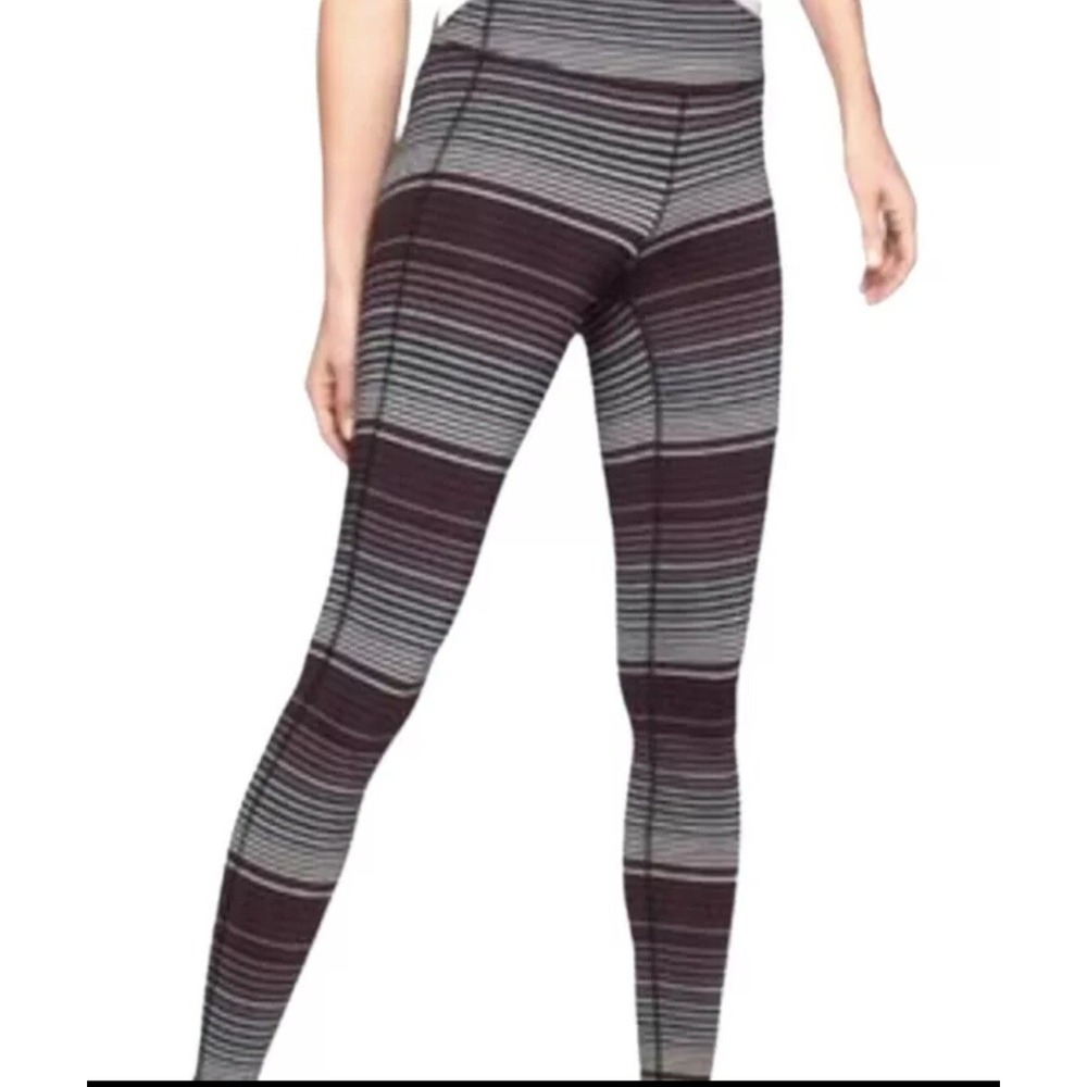 Athleta Chaturanga Striped Mid Rise Leggings Small Black Brown Grey Striped